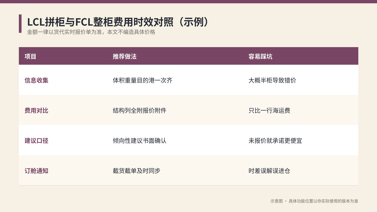 LCL拼柜与FCL整柜费用时效对照示意图