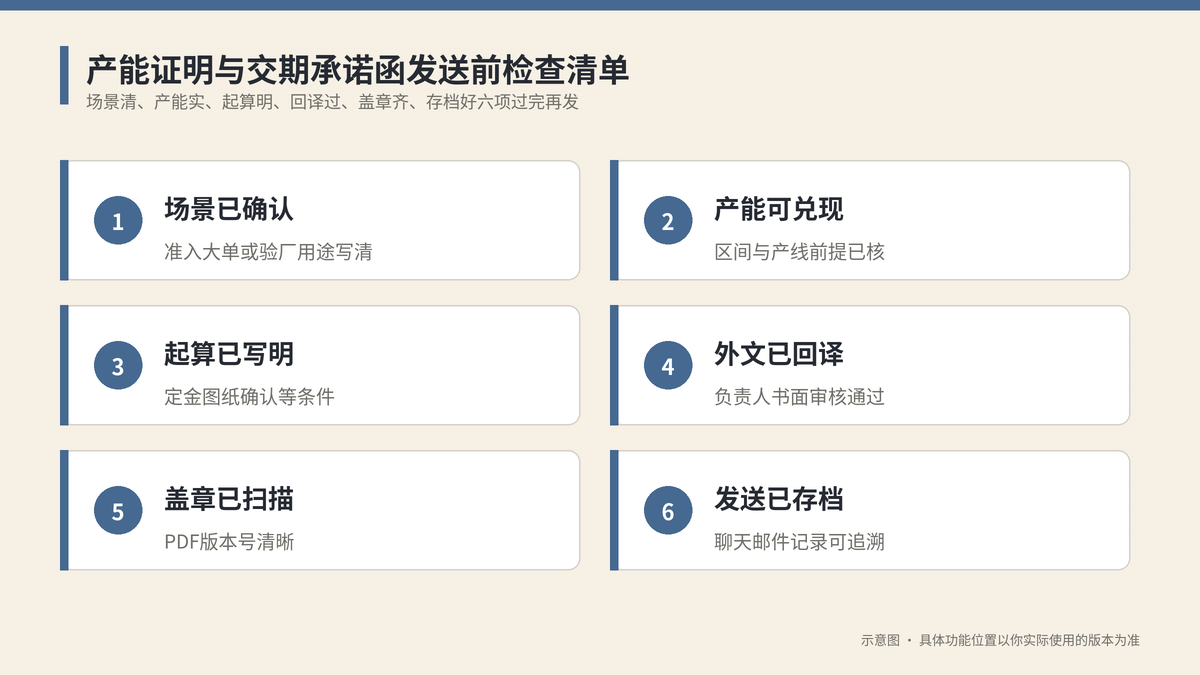 产能证明与交期承诺函发送前检查清单示意图