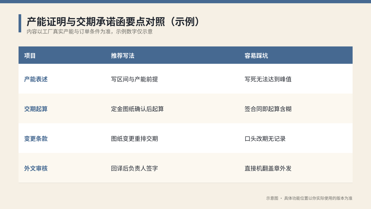 产能证明与交期承诺函要点对照示意图