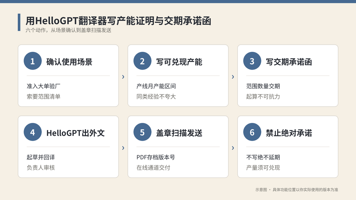 用HelloGPT翻译器写产能证明与交期承诺函六个步骤示意图
