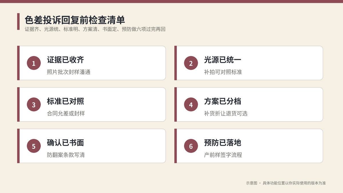 色差投诉回复前检查清单示意图