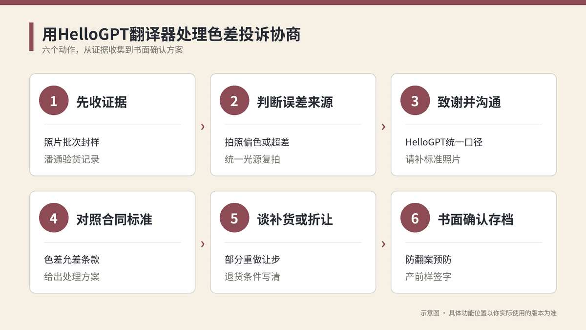 用HelloGPT翻译器处理色差投诉协商六个步骤示意图