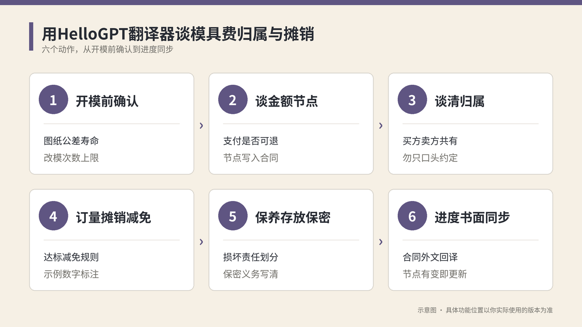用HelloGPT翻译器谈模具费归属与摊销六个步骤示意图