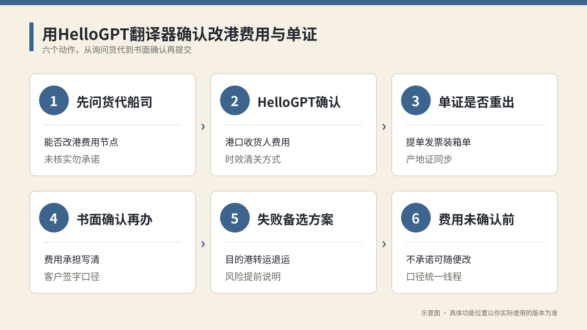 用HelloGPT翻译器确认改港费用与单证六个步骤示意图
