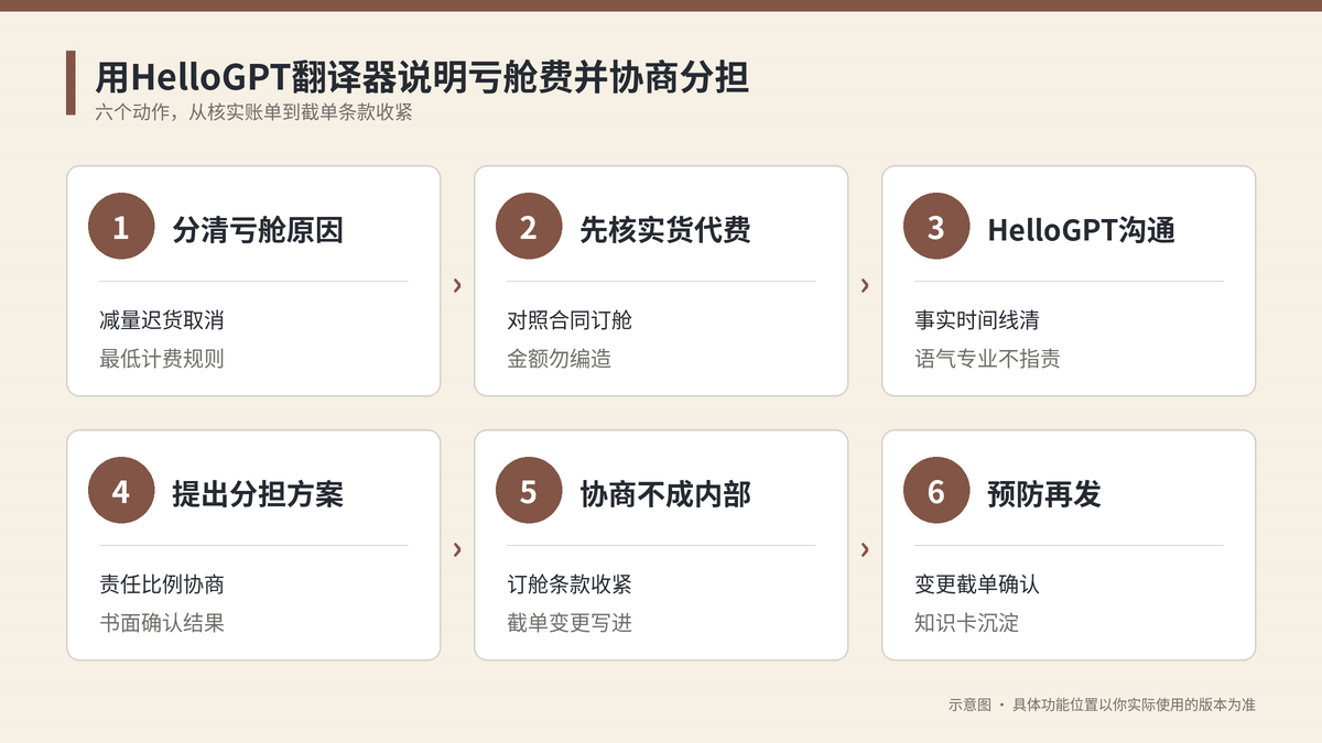 用HelloGPT翻译器说明亏舱费并协商分担六个步骤示意图