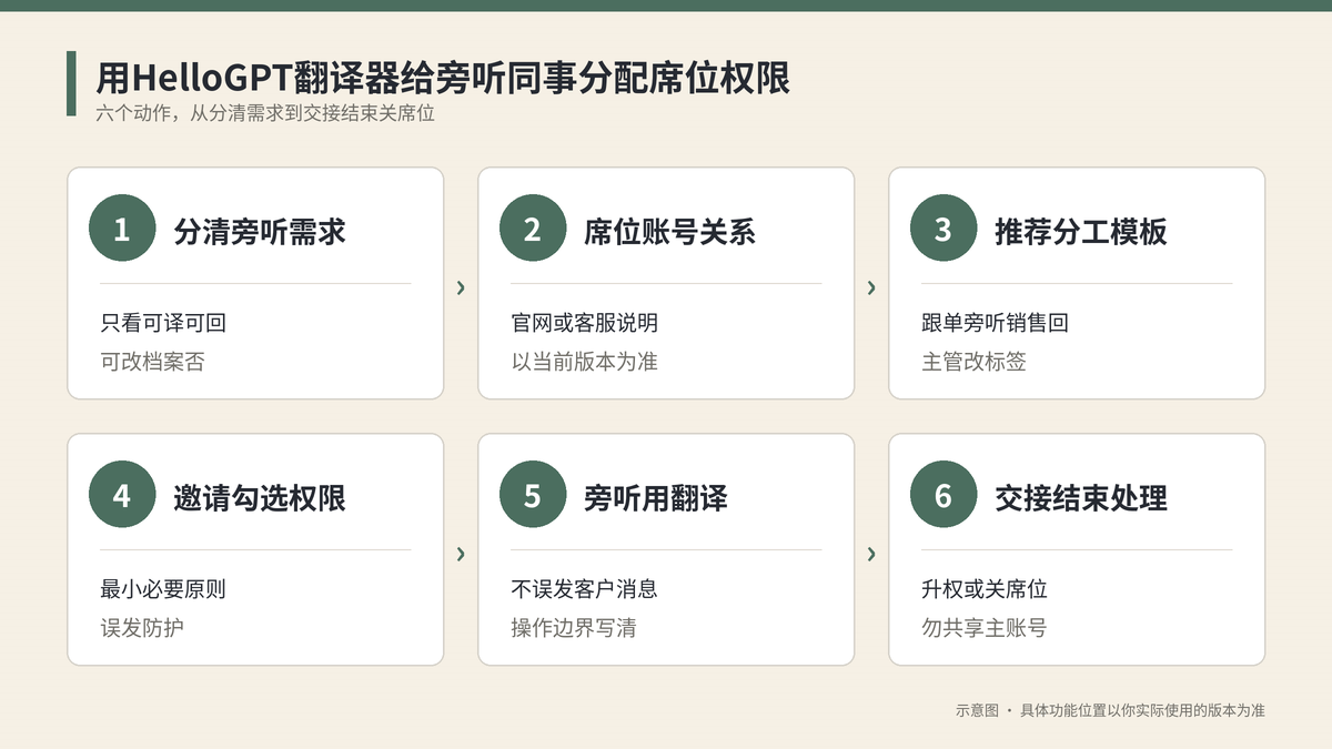 用HelloGPT翻译器给旁听同事分配席位权限六个步骤示意图