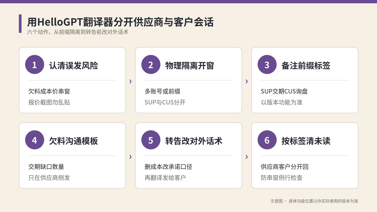 用HelloGPT翻译器分开供应商与客户会话六个步骤示意图