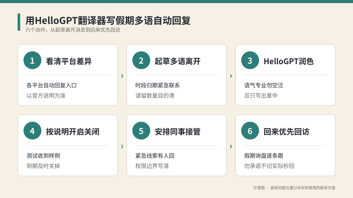 用HelloGPT翻译器写假期多语自动回复六个步骤示意图
