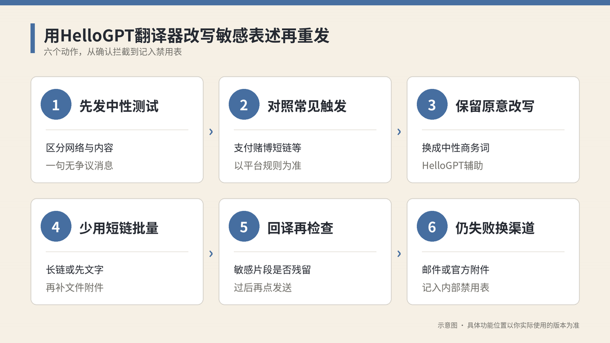 用HelloGPT翻译器改写敏感表述再重发六个步骤示意图