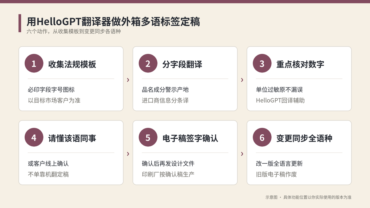 用HelloGPT翻译器做外箱多语标签定稿六个步骤示意图