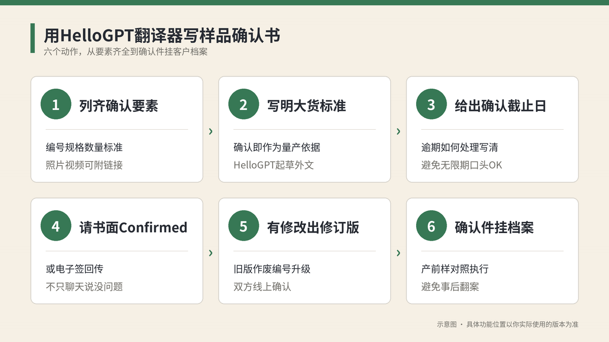 用HelloGPT翻译器写样品确认书六个步骤示意图