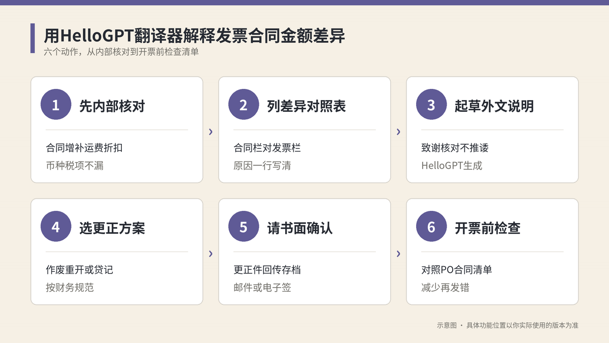 用HelloGPT翻译器解释发票合同金额差异六个步骤示意图