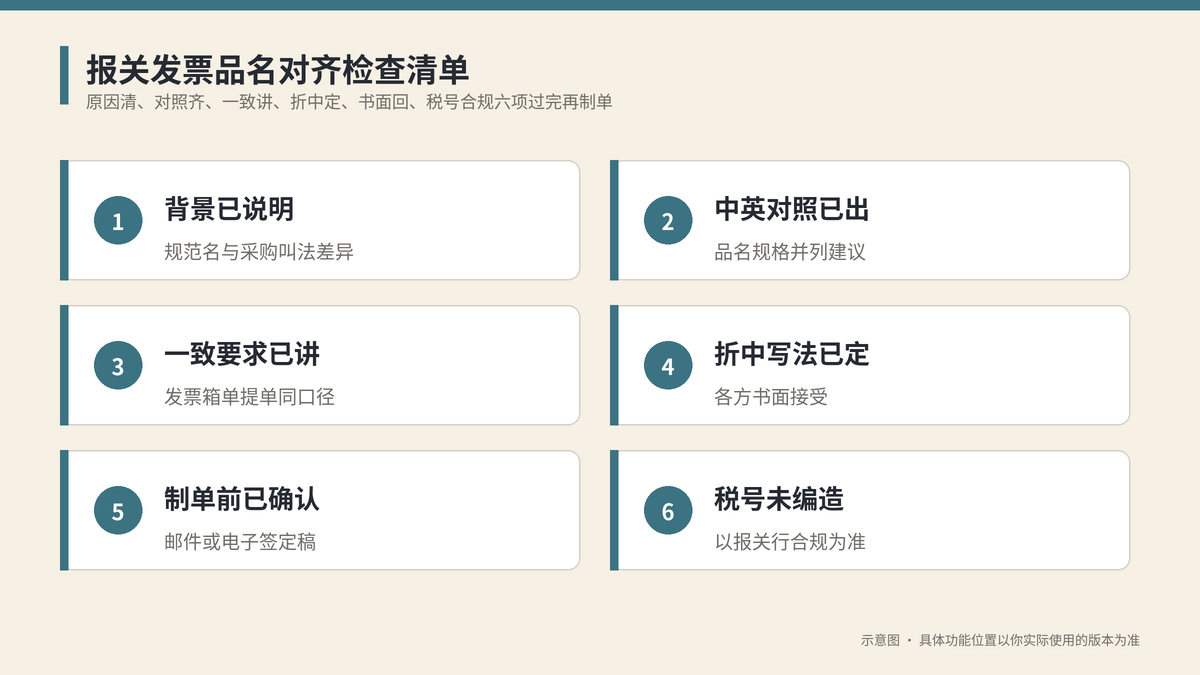 报关发票品名对齐检查清单示意图