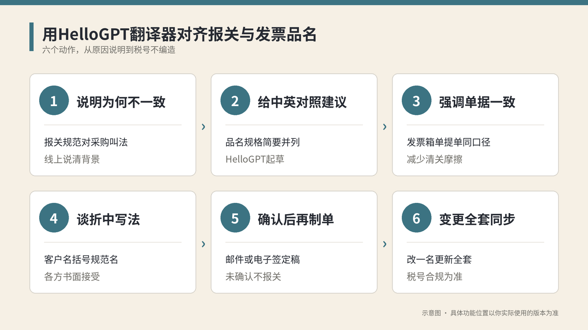 用HelloGPT翻译器对齐报关与发票品名六个步骤示意图