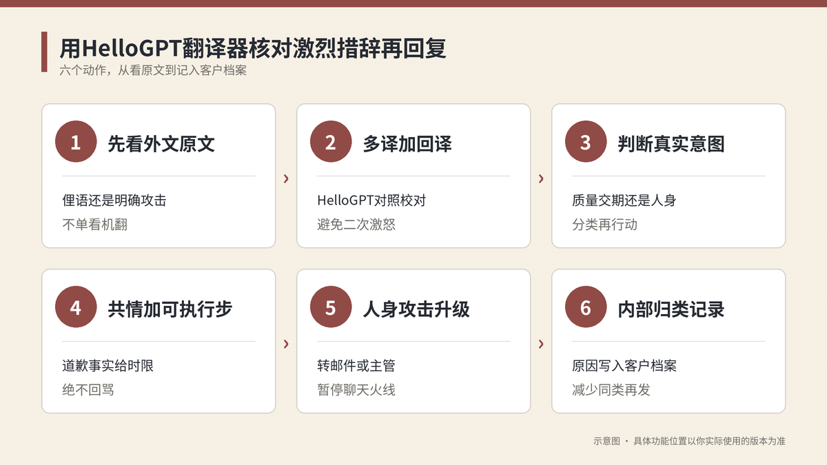 用HelloGPT翻译器核对激烈措辞再回复六个步骤示意图