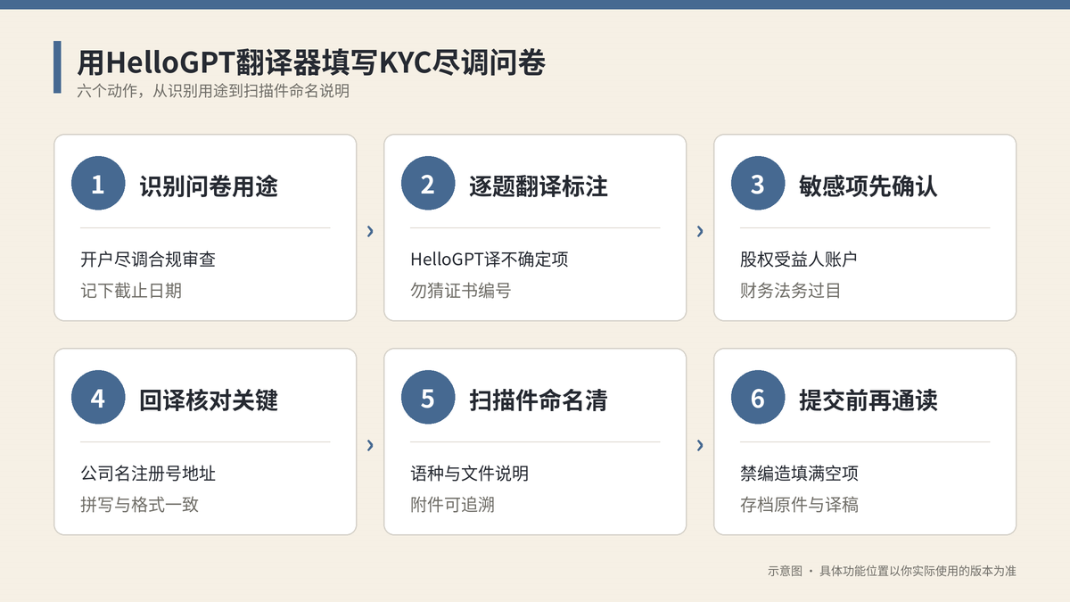 用HelloGPT翻译器填写KYC问卷六个步骤示意图
