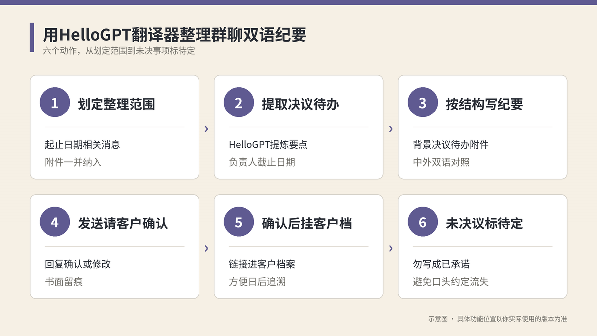 用HelloGPT翻译器整理群聊双语纪要六个步骤示意图