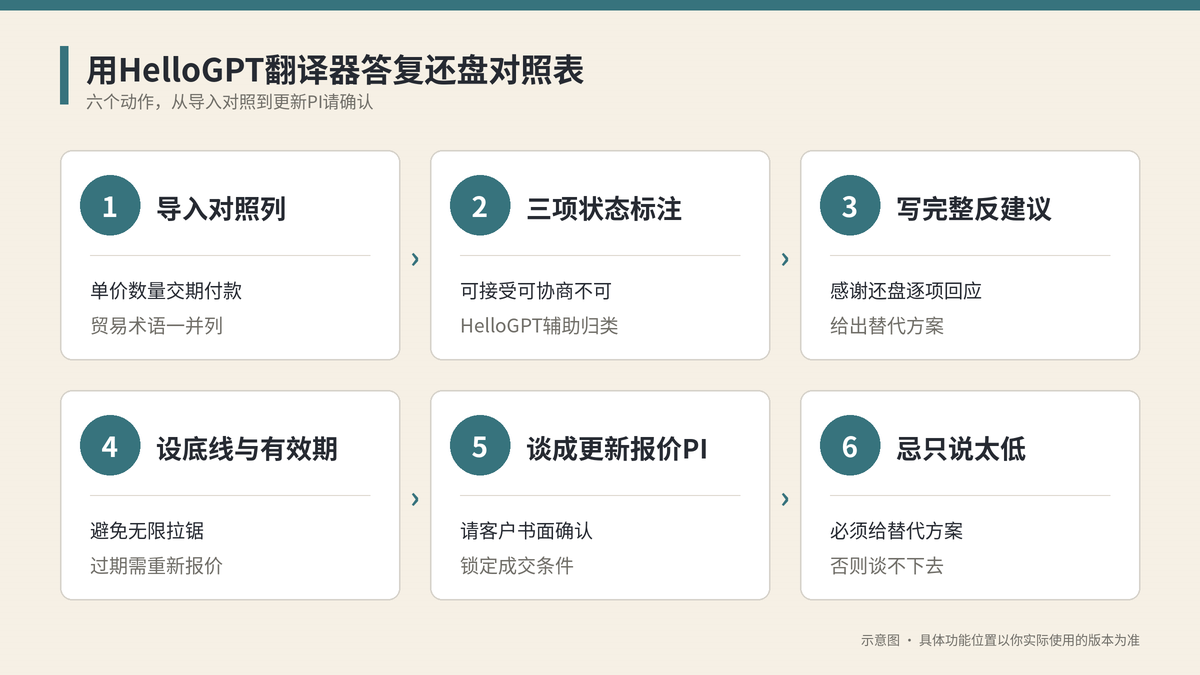 用HelloGPT翻译器答复还盘对照表六个步骤示意图