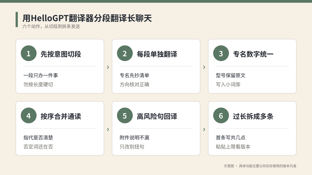 HelloGPT翻译器按意图分段翻译合并核对步骤图